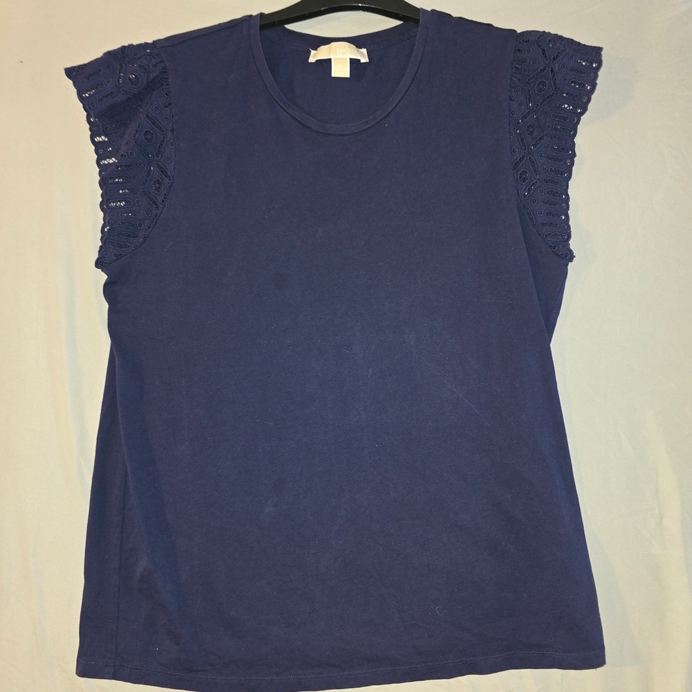 Michael Kors T-Shirt XL Women Navy Blue Eyelet Lace Flutter Sleeve Cotton Top
